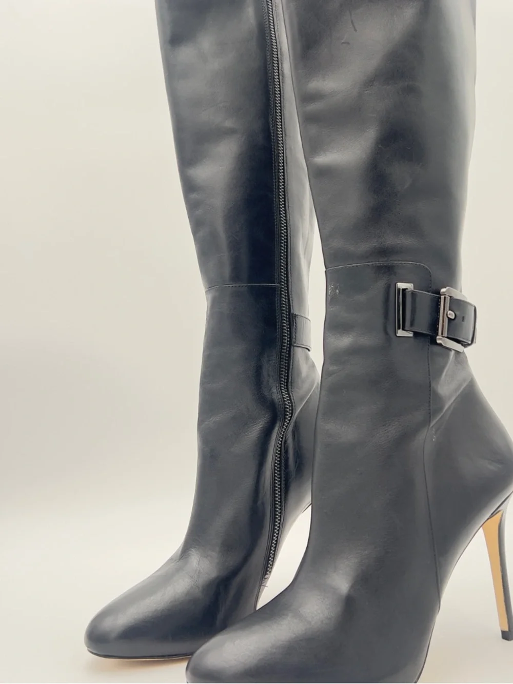 Michael Kors Black Leather‎ Over-the-Knee Stiletto Boots with Buckle